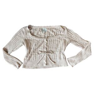 Pink Rose cream button-up sweater knit top with tie detail size large